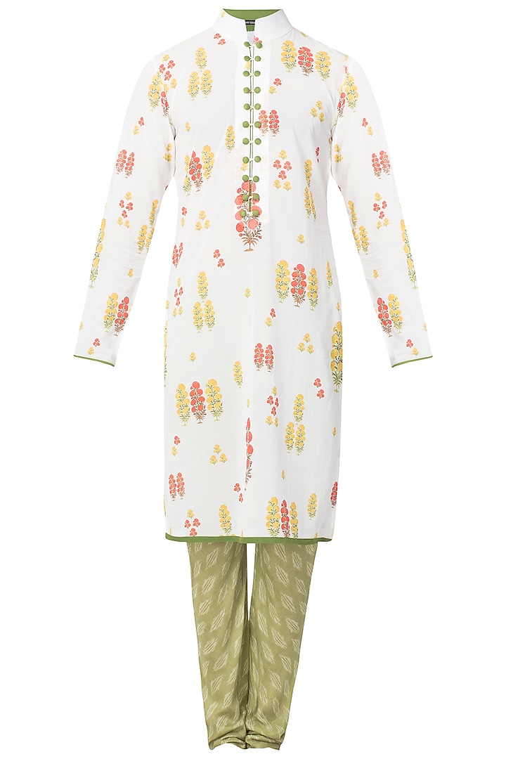 White and yellow printed kurta with churidaar pants available only at Pernia's Pop Up Shop.