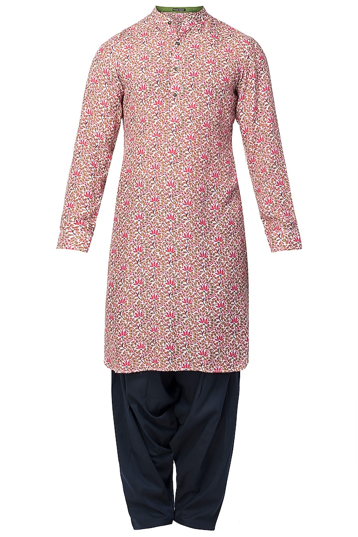 Red floral printed kurta with blue patiala pants available only at Pernia's Pop Up Shop.