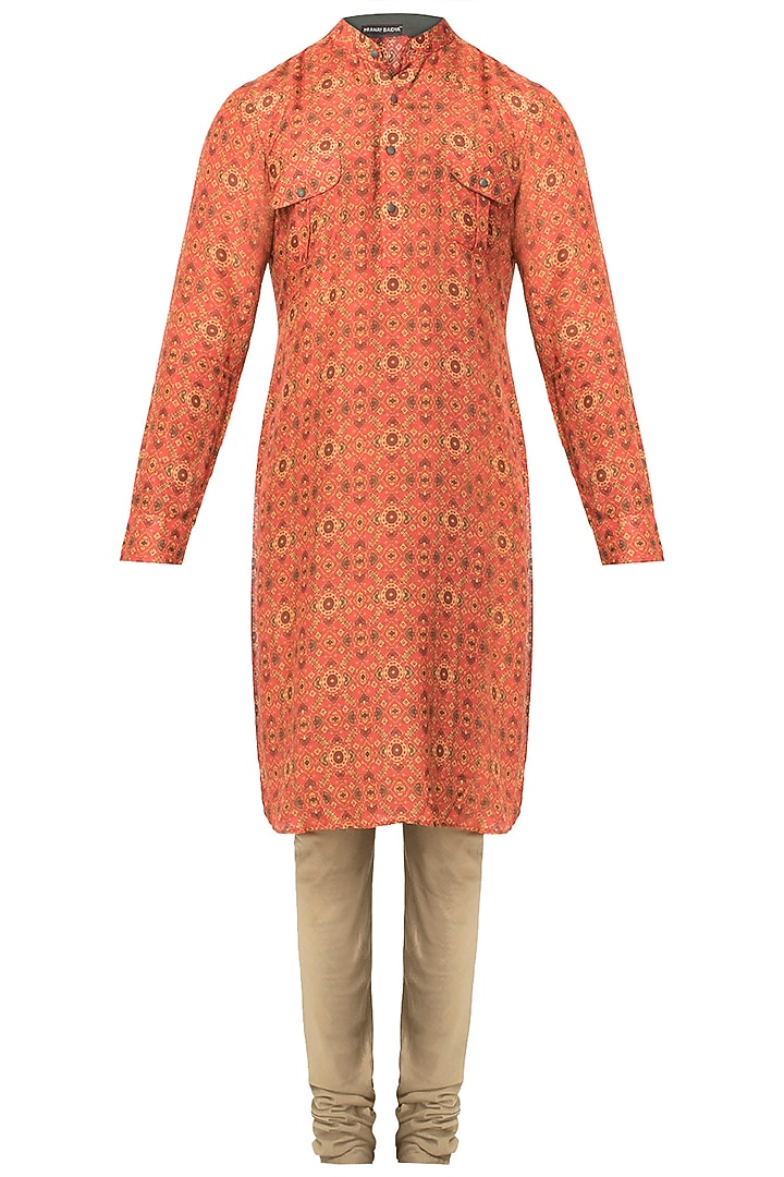 Red ikkat printed kurta with churidaar pants available only at Pernia's Pop Up Shop.