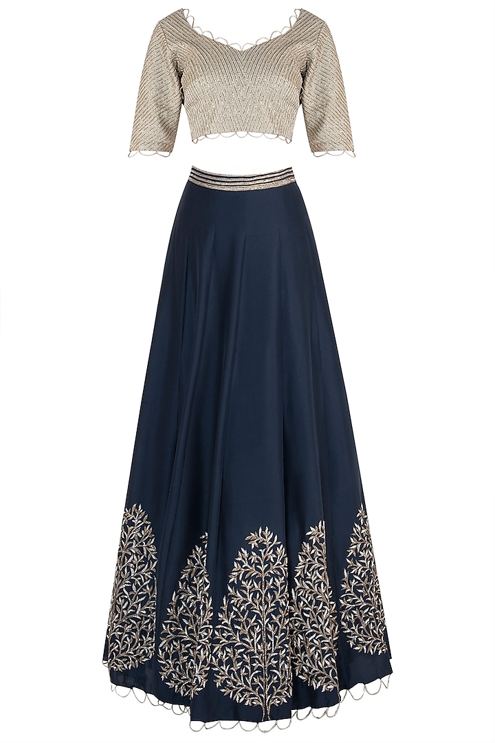 Mint and Navy Blue Embroidered Lehenga Set by Payal Singhal