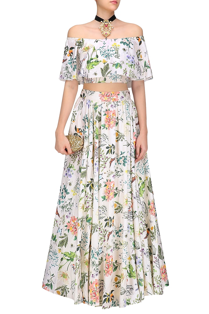 Ivory titli print off shoulder lehenga set available only at Pernia's Pop Up Shop.