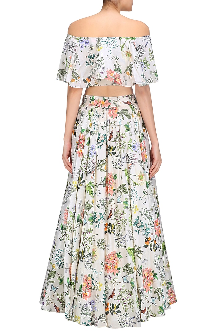 Ivory titli print off shoulder lehenga set available only at Pernia's Pop Up Shop.