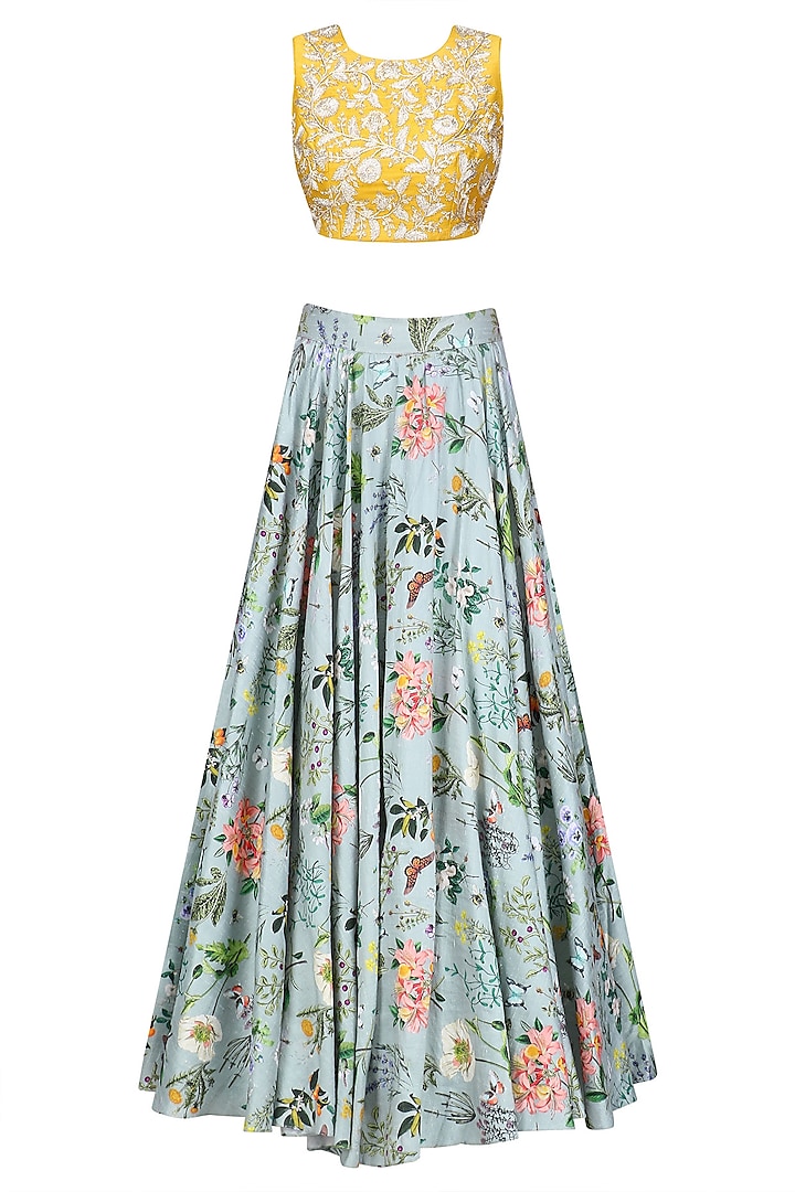 Mustard embroidered and blue printed lehenga set available only at Pernia's Pop Up Shop.