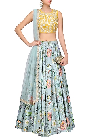 Mustard Embroidered and Blue Printed Lehenga Set by Payal Singhal
