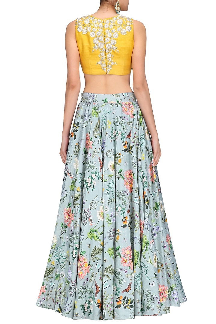 Mustard embroidered and blue printed lehenga set available only at Pernia's Pop Up Shop.