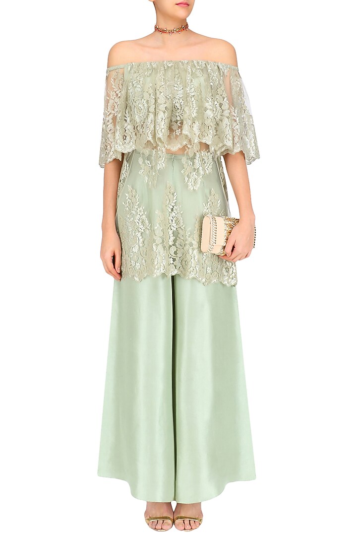 Mint chantilly lace off shoulder kurta set available only at Pernia's Pop Up Shop.