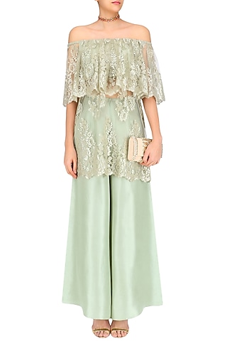 Mint Chantilly Lace Off Shoulder Kurta Set by Payal Singhal