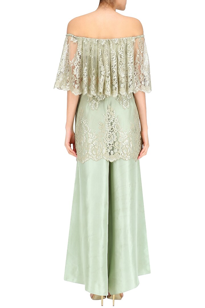 Mint chantilly lace off shoulder kurta set available only at Pernia's Pop Up Shop.