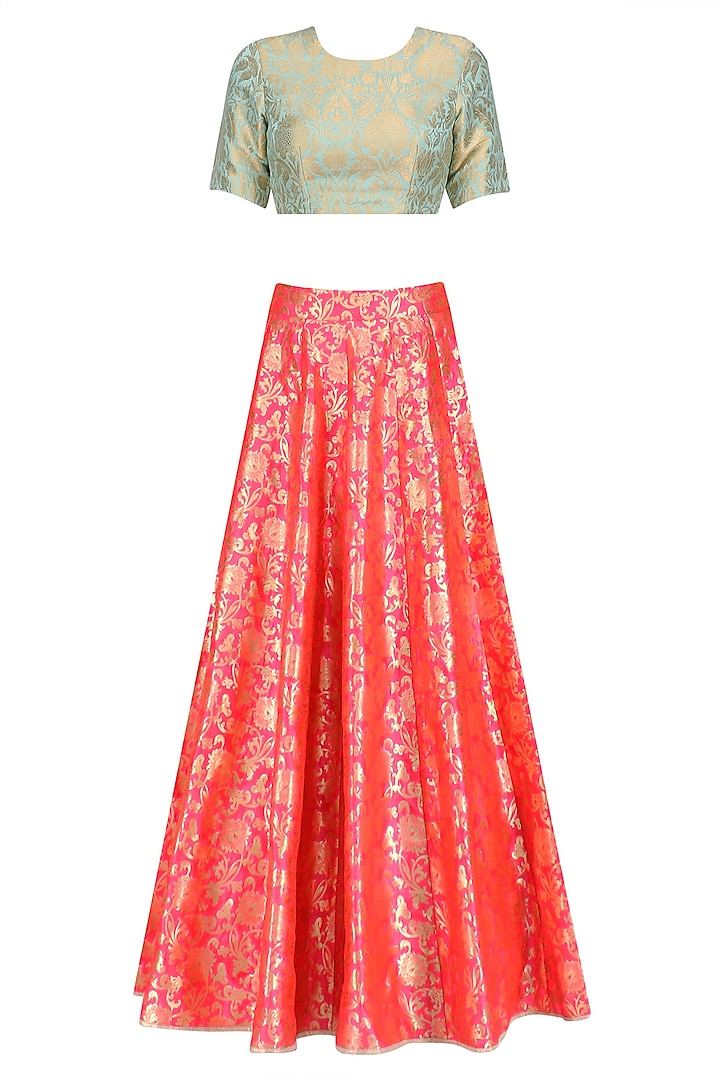 Mint and hot pink brocade lehenga set available only at Pernia's Pop Up ...