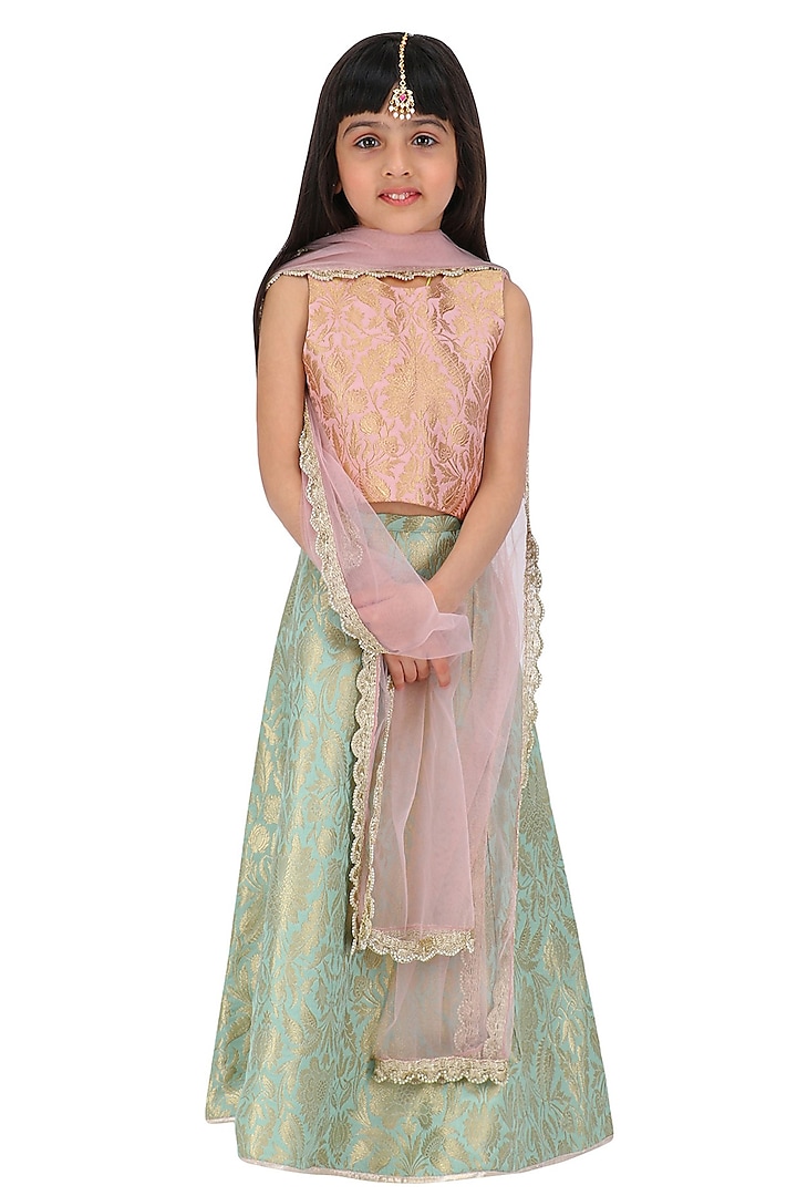 Dusky Rose and Mint Brocade Lehenga Set For Girls by Payal Singhal Kids