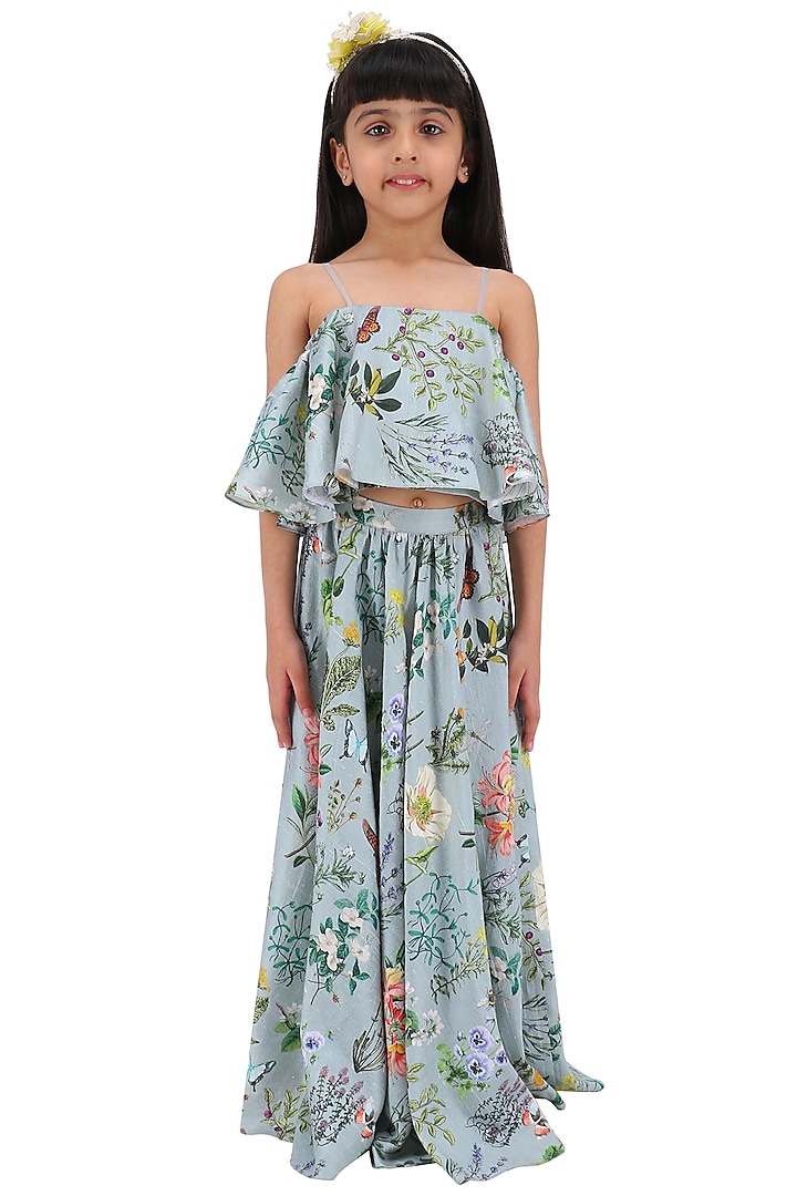 Aqua blue printed titli print lehenga set for kids available only at Pernia's Pop Up Shop.