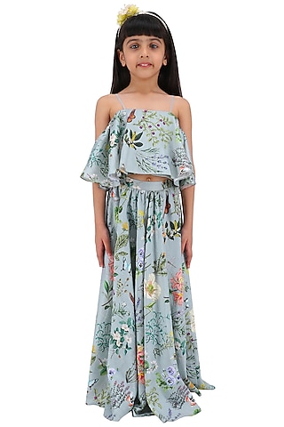 Aqua Blue Printed Titli Print Lehenga Set For Girls by Payal Singhal Kids