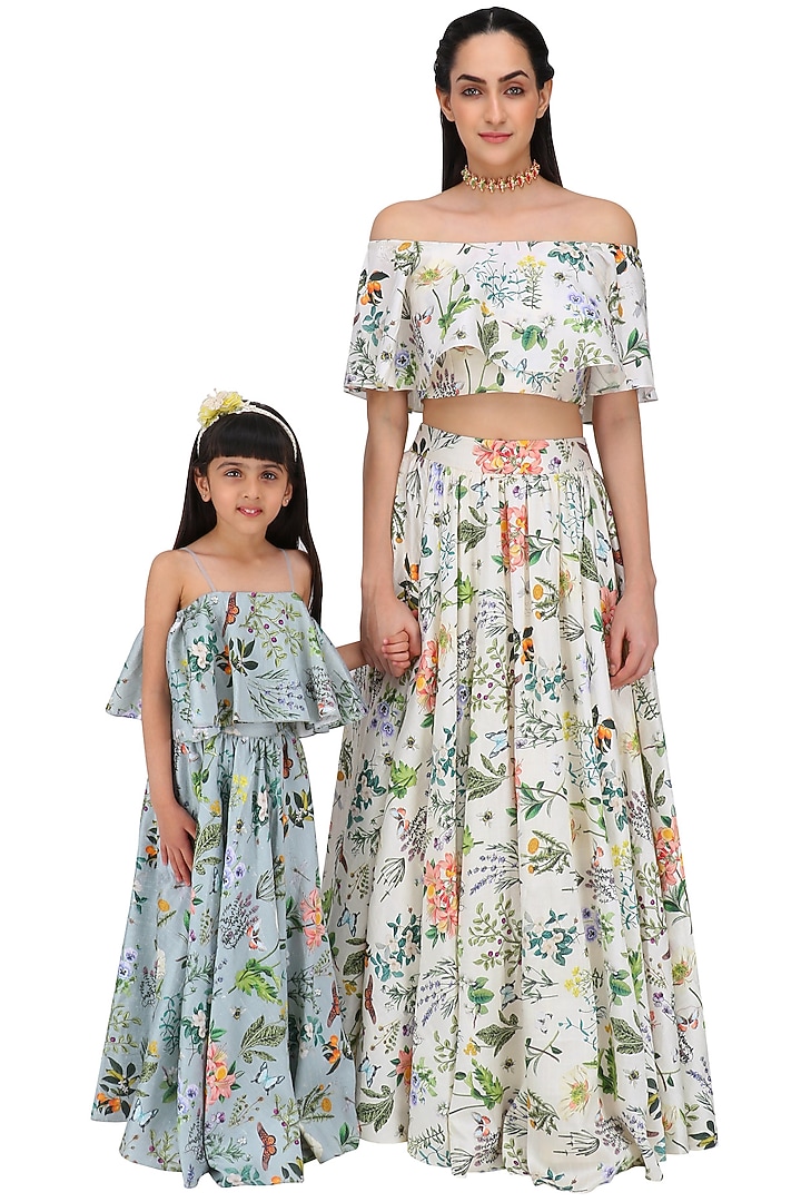 Aqua blue printed titli print lehenga set for kids available only at Pernia's Pop Up Shop.