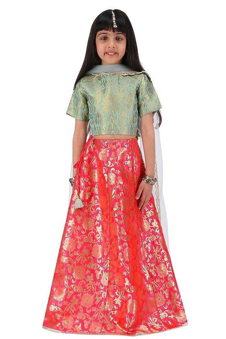 Blush and Mint Embroidered Lehenga Set For Girls by Payal Singhal Kids