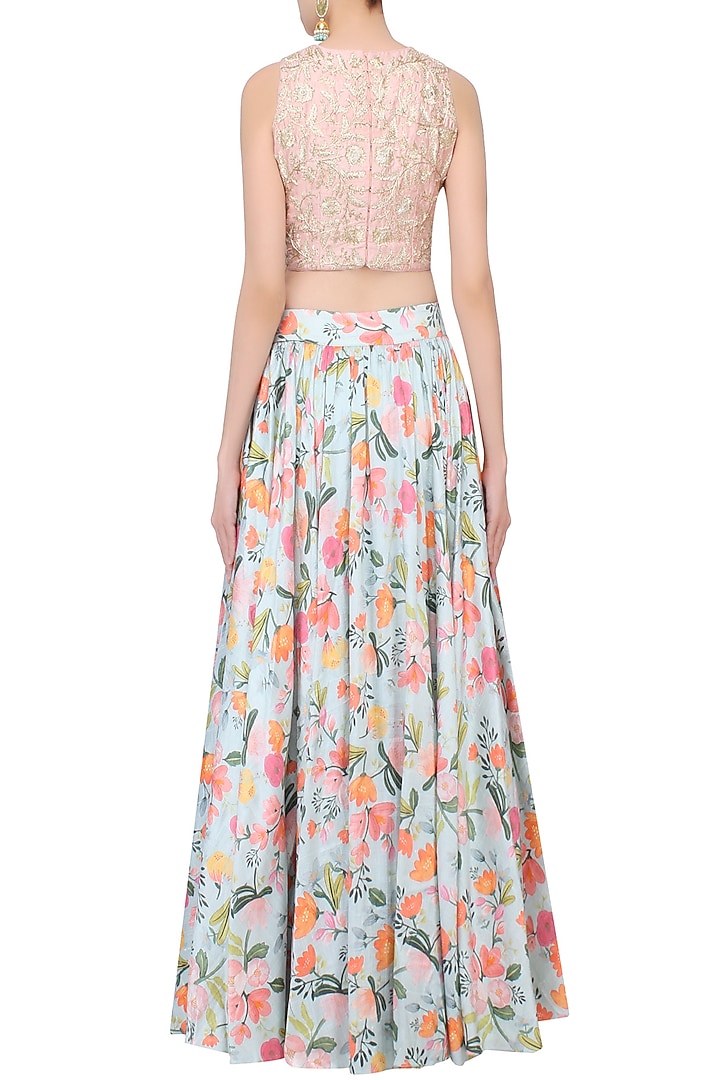 Blush pink and aqua blue floral hand painted misu lehenga set available only at Pernia's Pop Up Shop.