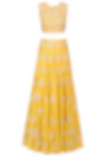 Yellow Nagmeh Floral Embroidered Lehenga Set by Payal Singhal