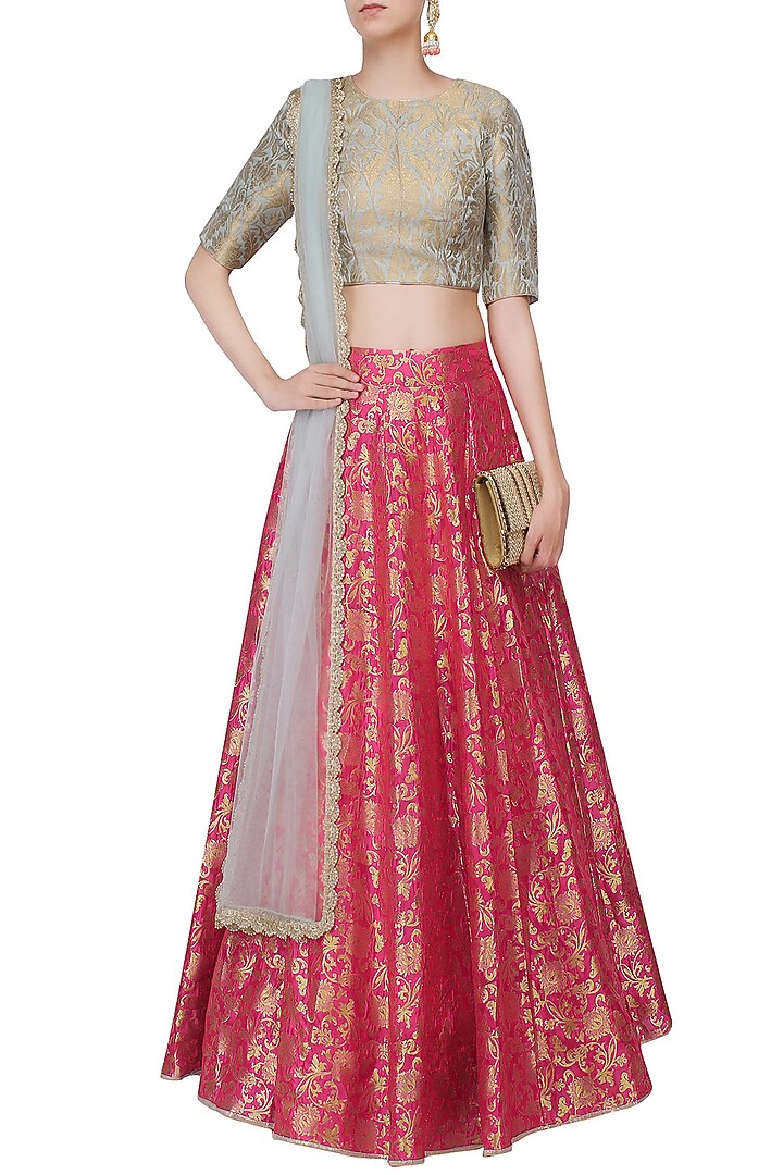 Aqua blue and pink ornate brocade lehenga set available only at Pernia's Pop Up Shop.