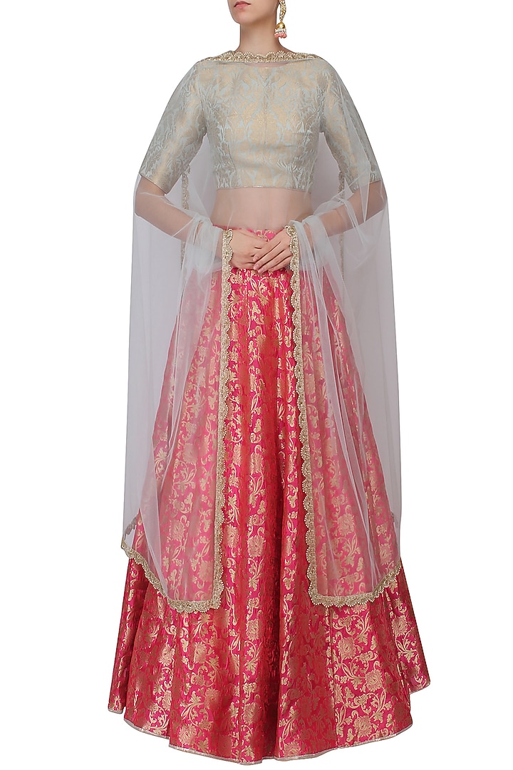 Aqua blue and pink ornate brocade lehenga set available only at Pernia's Pop Up Shop.