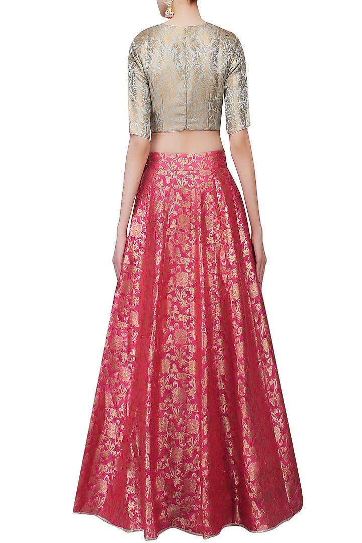 Aqua blue and pink ornate brocade lehenga set available only at Pernia's Pop Up Shop.