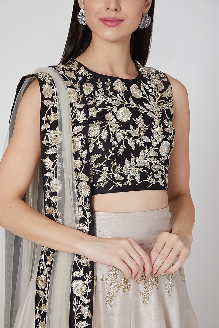 Black and stone color nagmeh style lehenga set available only at Pernia's Pop Up Shop.