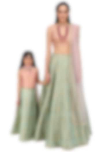 Mother and Daughter Dusky Rose and Mint Lehenga Set by Payal Singhal