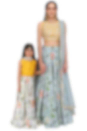 Mother and Daughter Mustard Yellow and Blue Lehenga Set by Payal Singhal