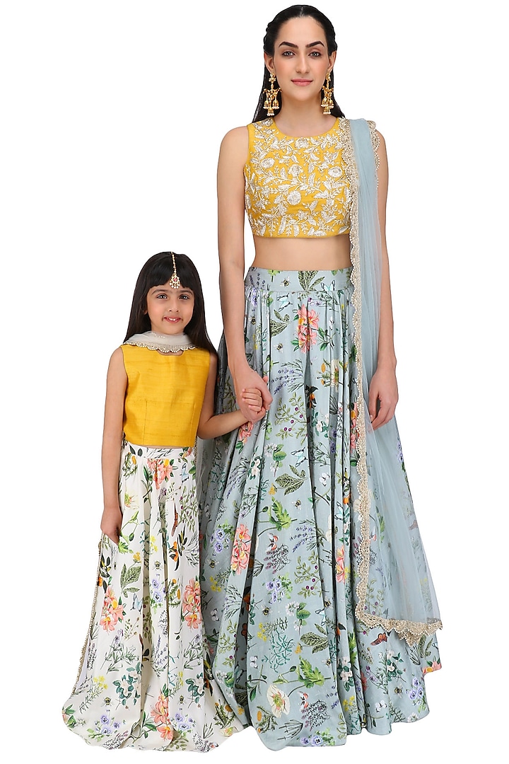Mother and Daughter Mustard Yellow and Blue Lehenga Set by Payal Singhal