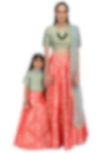 Mother and Daughter Mint and Hot Pink Brocade Lehenga Set by Payal Singhal