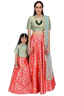 Mother and Daughter Mint and Hot Pink Brocade Lehenga Set by Payal Singhal-STUNNING BROCADES