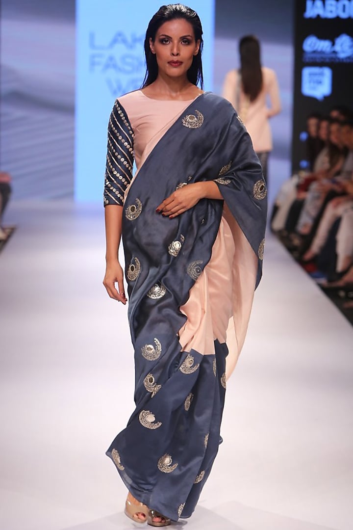 Blush and navy half and half embroidered saree with blush blouse by Payal Singhal