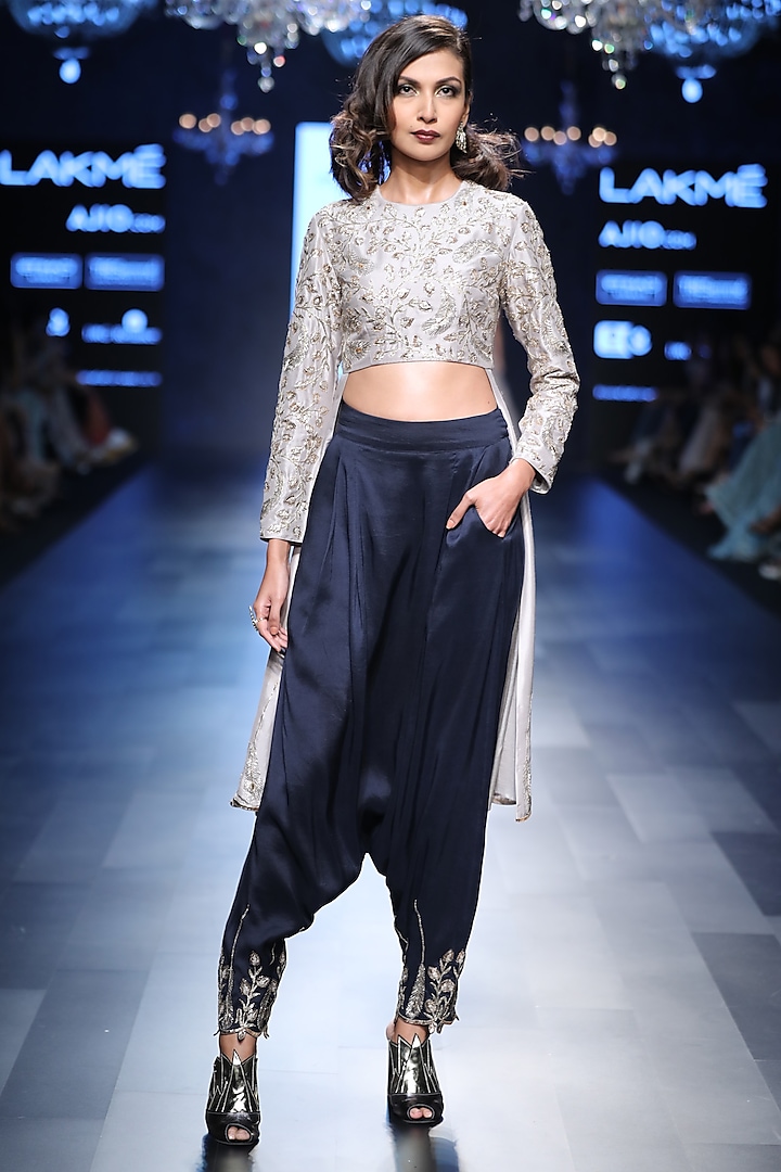 Grey Cropped Embroidered Anarkali and Navy Blue Pants Set by Payal Singhal