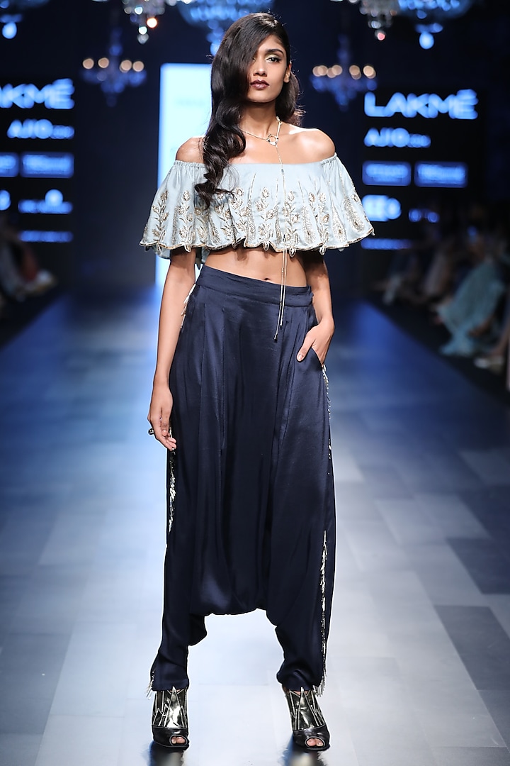 Powder Blue Ruffled Off Shoulder Top and Pants Set by Payal Singhal