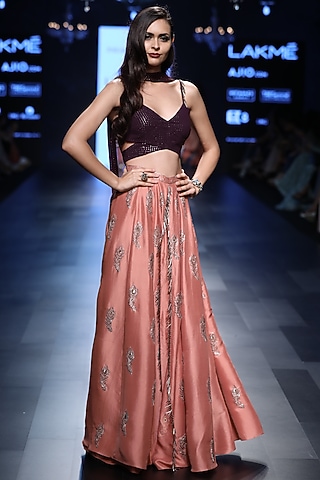 Purple Bustier and Coral Peacock Feather Motif Lehenga Palazzos Set by Payal Singhal