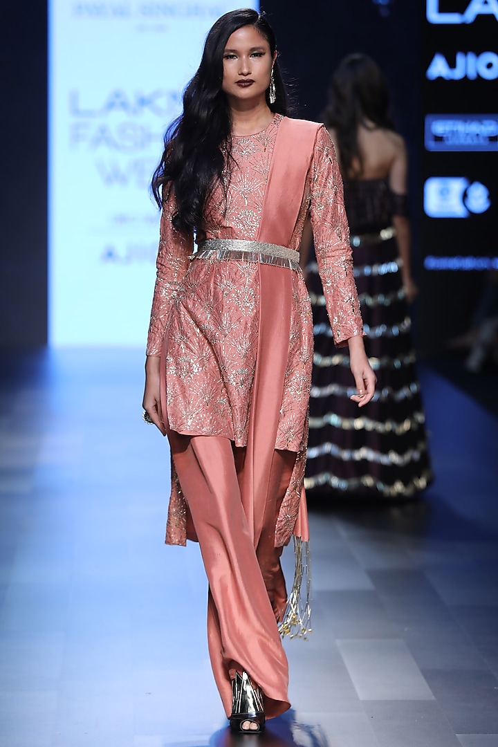 Coral Fan Embroidered Kurta and Palazzos with Waistbelt by Payal Singhal
