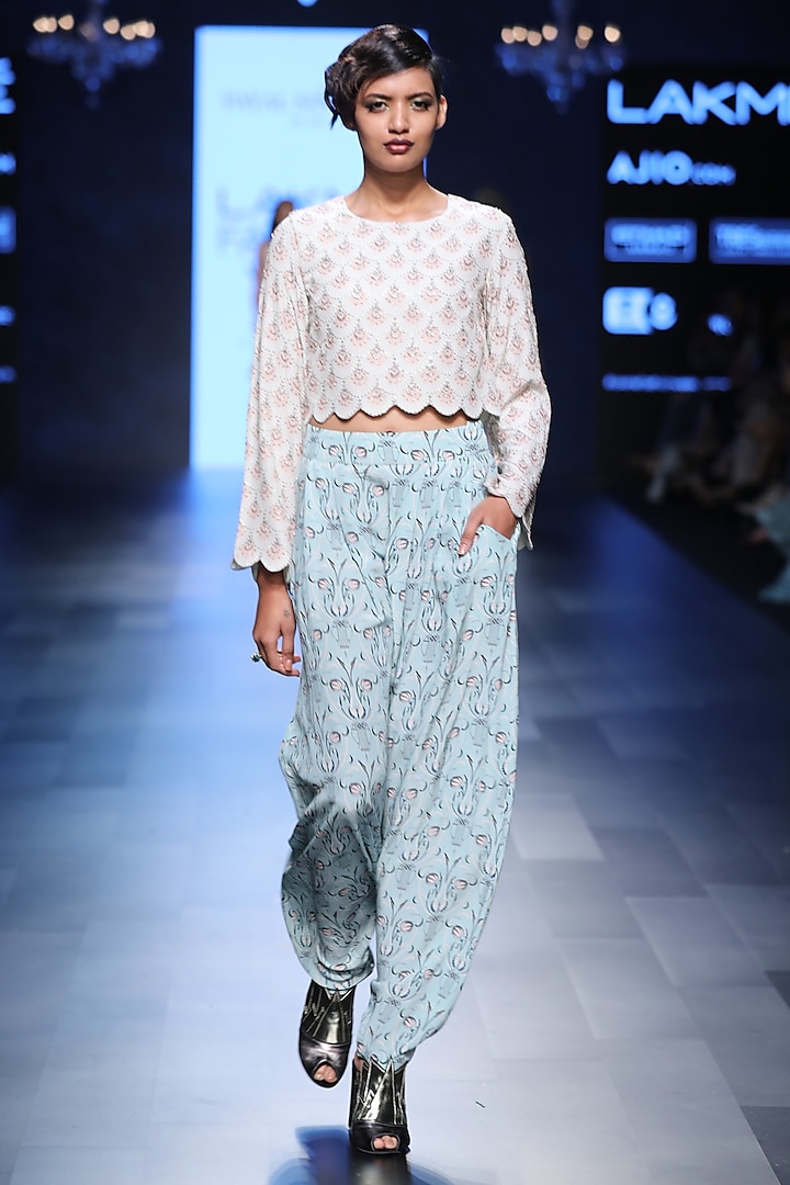 Blush Fan Print Embroidered Crop Top and Pants Set by Payal Singhal
