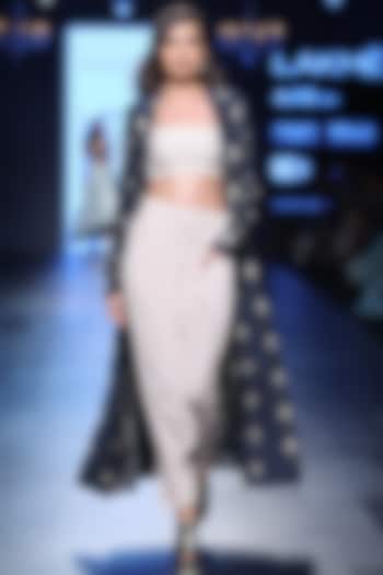 Navy Blue Feather Motifs Jacket, Bustier and Pants Set by Payal Singhal
