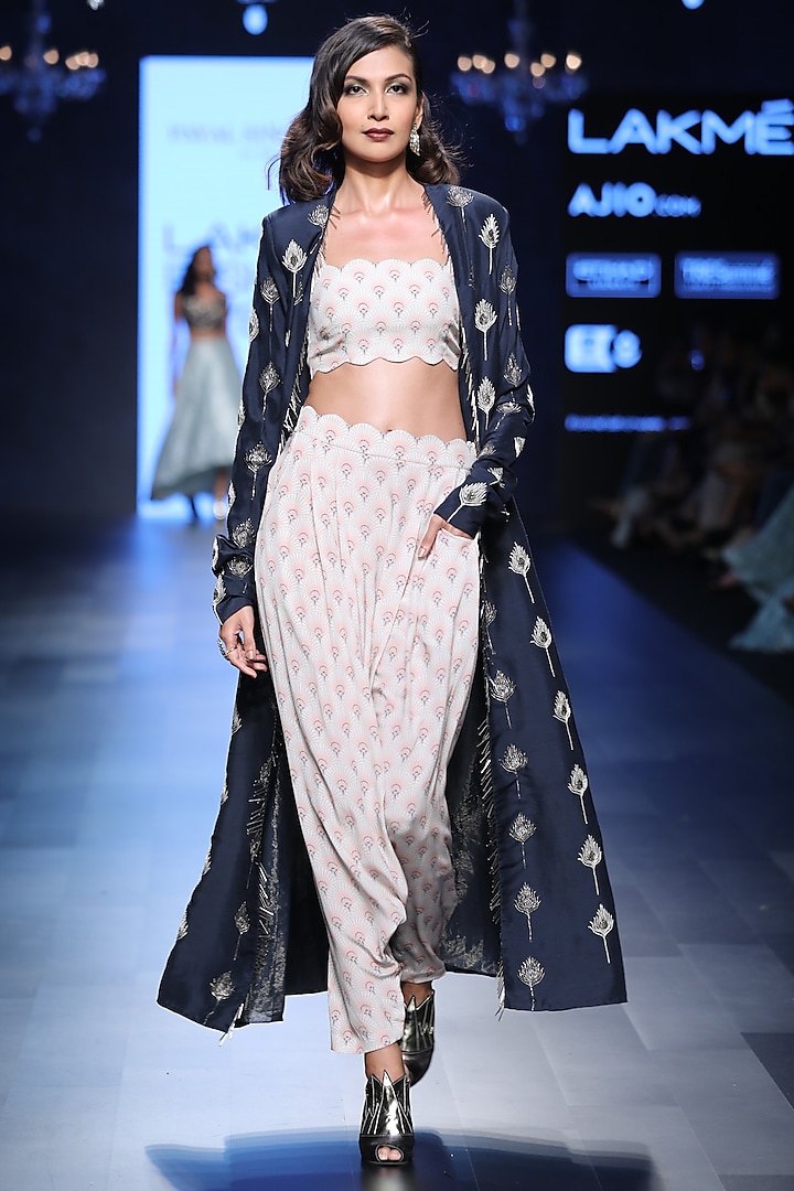 Navy Blue Feather Motifs Jacket, Bustier and Pants Set by Payal Singhal