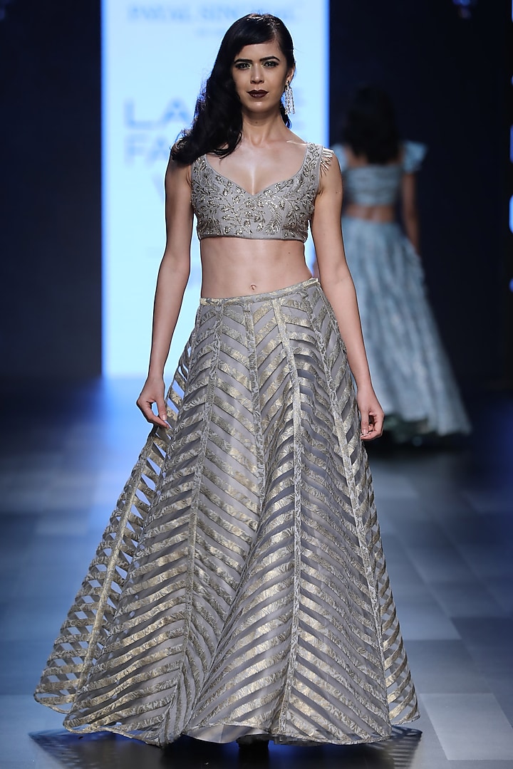Grey Embroidered Blouse and Brocade Lehenga Set by Payal Singhal