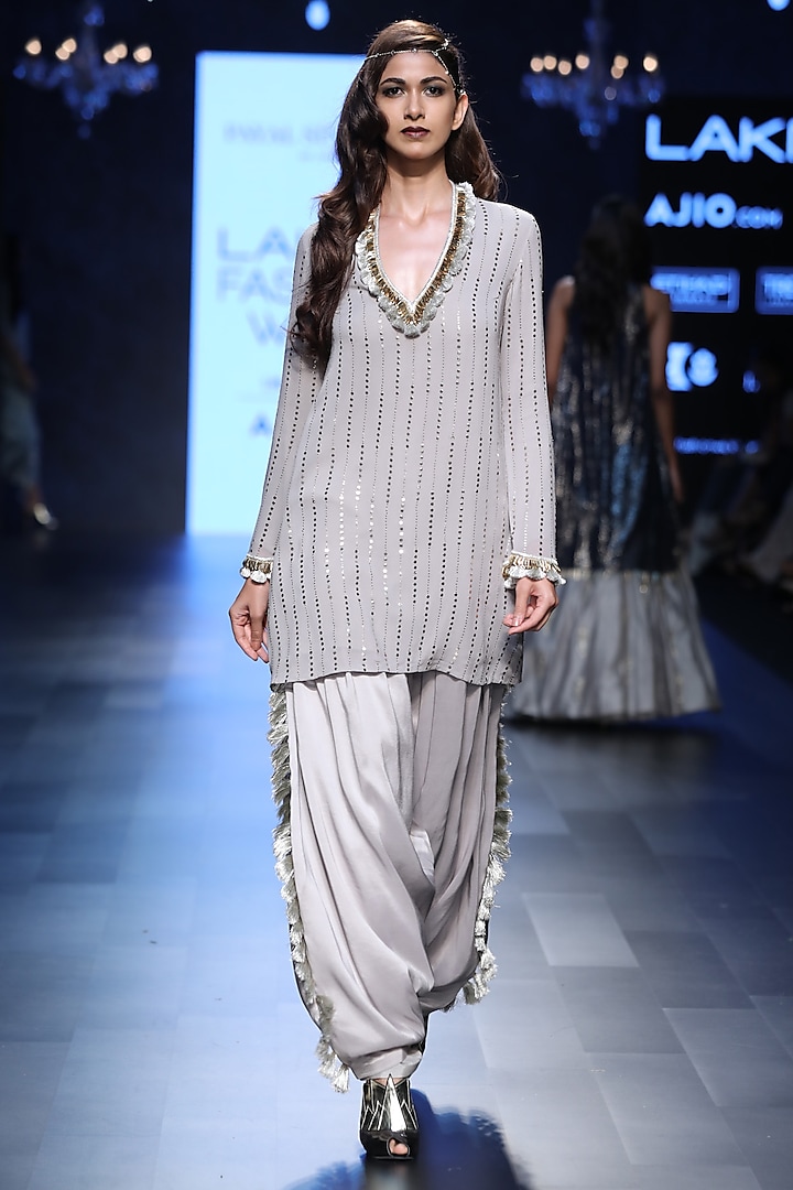 Grey Embroidered Kurta and Tasseled Salwar Pants Set by Payal Singhal