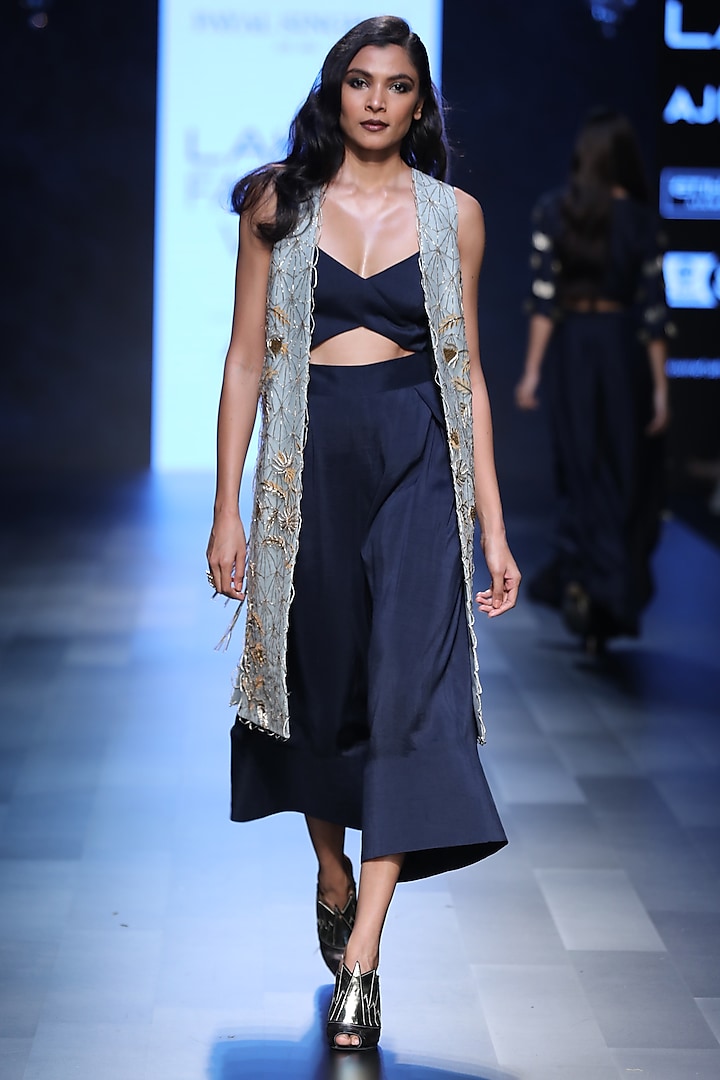 Powder blue deco jaal embroidered jacket with jumpsuit available only at Pernia's Pop Up Shop.