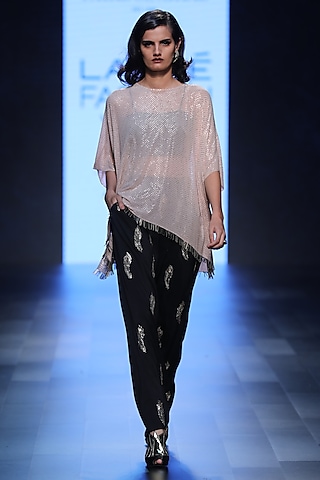 Blush Kaftan Tunic, Bustier and Feather Motifs Pants Set by Payal Singhal