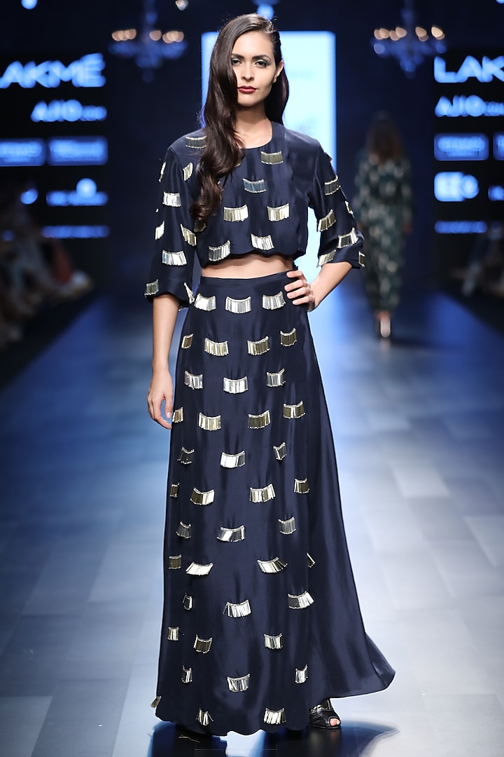 Navy Blue Embroidered Fringe Tassels Crop Top with Palazzo Pants by Payal Singhal