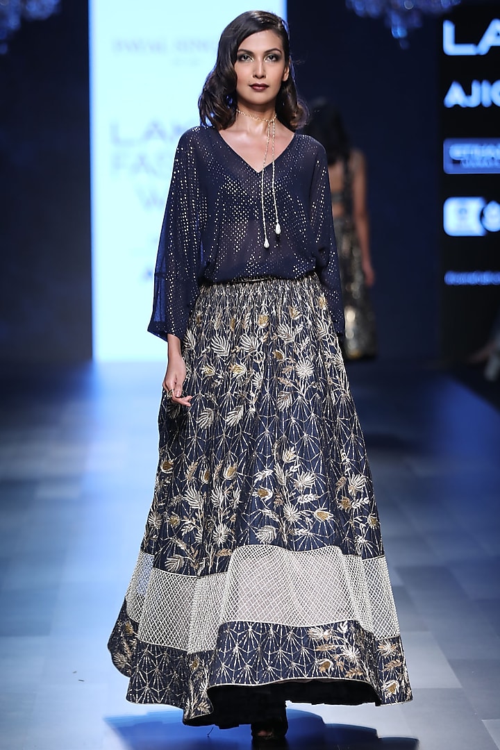 Navy Blue Kaftan Tunic and Deco Jaal Embroidered Lehenga Set by Payal Singhal