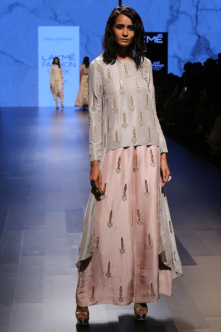 Dove Grey Raised Hem Tunic with Blush Embroidered Palazzo Pants by Payal Singhal
