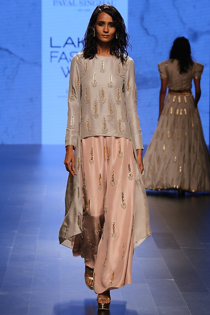 Dove Grey Raised Hem Tunic with Blush Embroidered Palazzo pants available only at Pernia's Pop Up Shop.
