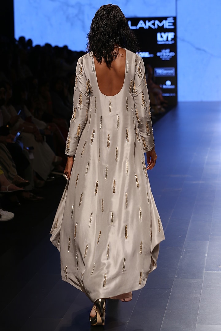 Dove Grey Raised Hem Tunic with Blush Embroidered Palazzo pants available only at Pernia's Pop Up Shop.