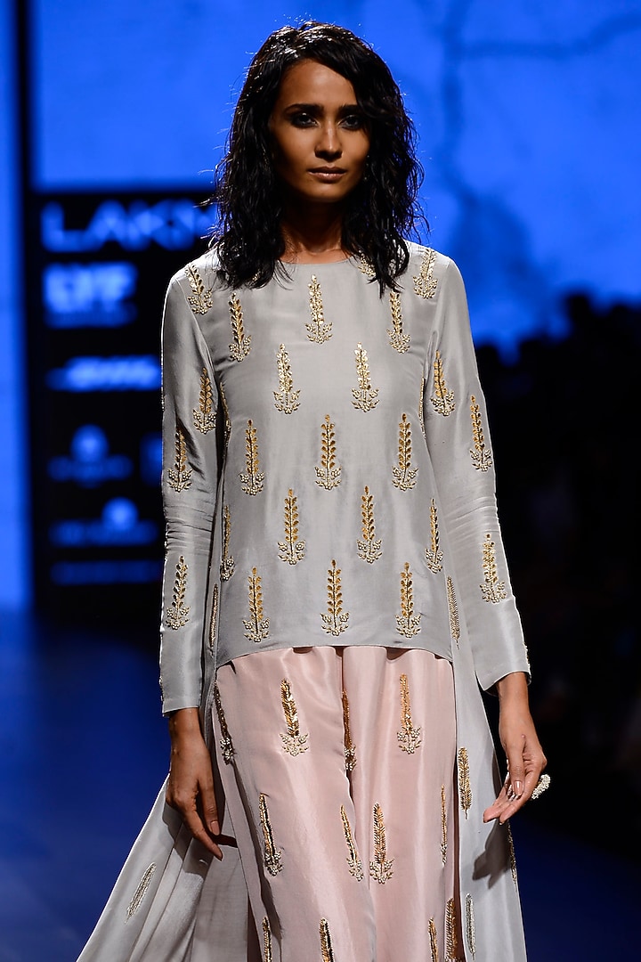 Dove Grey Raised Hem Tunic with Blush Embroidered Palazzo pants available only at Pernia's Pop Up Shop.