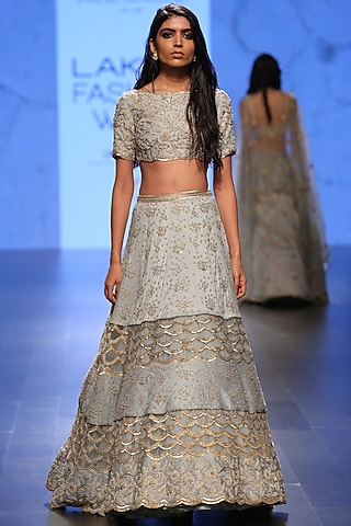 Powder Blue Pearl Off Shoulder Choli with Embroidered Lehenga Skirt by Payal Singhal