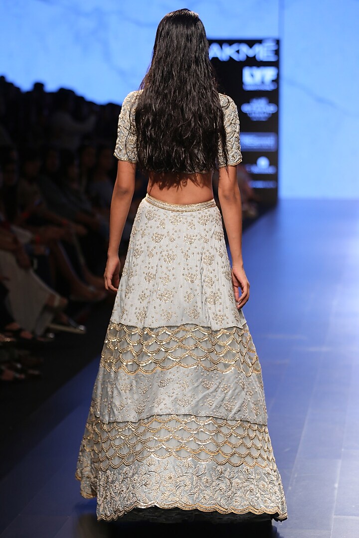 Powder Blue Pearl Off Shoulder Choli with Embroidered Lehenga Skirt available only at Pernia's Pop Up Shop.