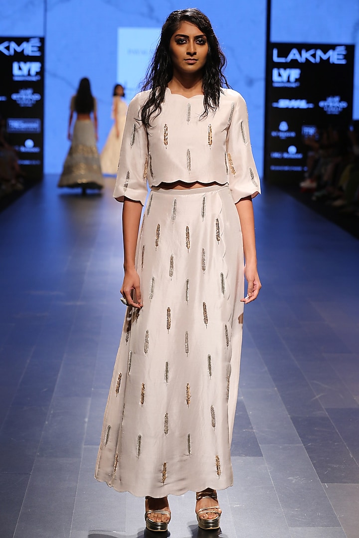 Stone Feather Embroidered Crop Top with Overlay Palazzo Pants by Payal Singhal